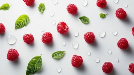 Aufkleber - Clean macro view of juicy raspberries with leaves on a white seamless background