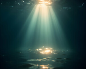 Poster - Serene Underwater Scene, Light Beams Dancing Through the Depths with Gentle Glow and Blurred Edges creating a Tranquil and Mesmerizing Visual Experience