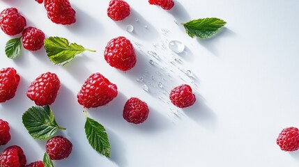 Poster - Detailed close-up of ripe raspberries with fresh green leaf contrast on white