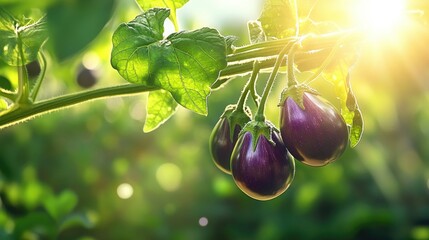 Poster - Eggplant with deep purple color on vine, close-up in outdoor sunlight