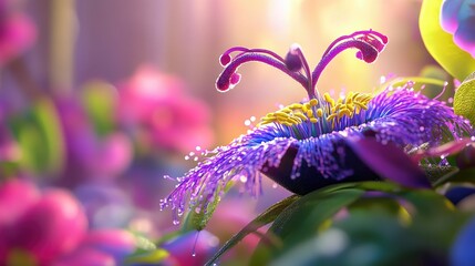 Poster - Exotic passionflower close-up, rich purples and greens with bright stamen detail