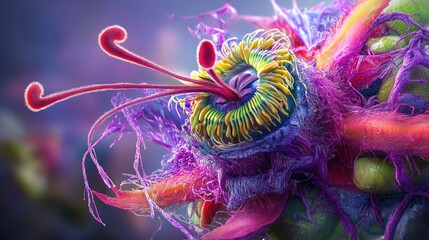 Poster - Exotic passionflower close-up, rich purples and greens with bright stamen detail