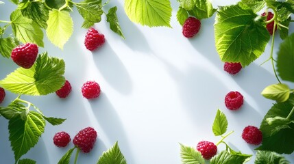Poster - Fresh raspberries with vibrant green leaves, studio shot on white for food design concepts