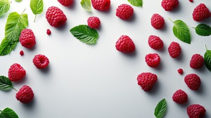 Poster - Fresh raspberries with vibrant green leaves, studio shot on white for food design concepts