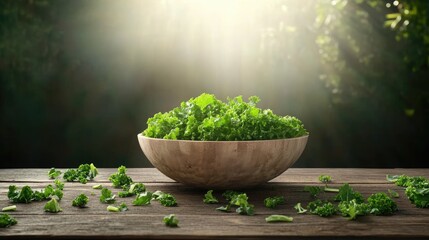 Aufkleber - Freshly washed green kale in bowl with wood grain background, clean eating concept