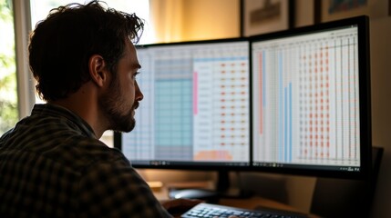 Aufkleber - Man analyzing data on dual monitors at home office.