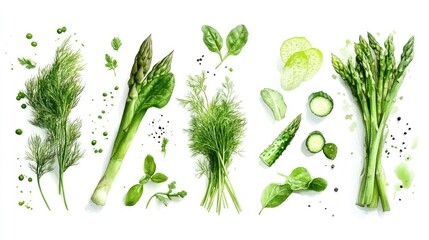 Poster - Hand-painted watercolor vegetables: dill, asparagus, spinach, and scallions, bright white backdrop