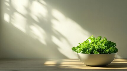 Poster - Healthy raw kale in bowl with textured wood table background, top view