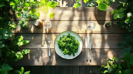 Aufkleber - Healthy vegan food: green kale leaves in bowl, wooden table setting