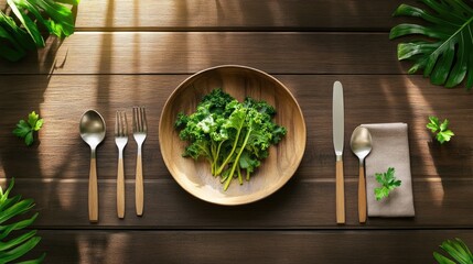 Aufkleber - Healthy vegan food: green kale leaves in bowl, wooden table setting
