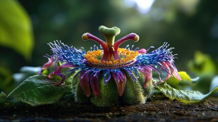 Poster - Intricate design of Passiflora incarnata petals and corona filaments, natural setting