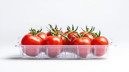 Poster - Juicy red tomatoes packed tightly in tray, white background with copy space