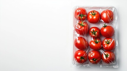 Poster - Juicy red tomatoes packed tightly in tray, white background with copy space