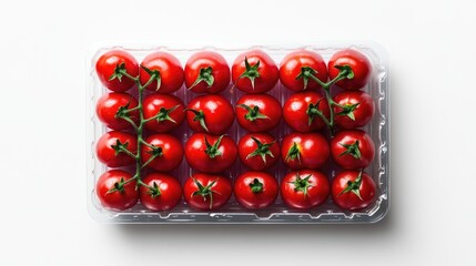 Poster - Juicy red tomatoes packed tightly in tray, white background with copy space