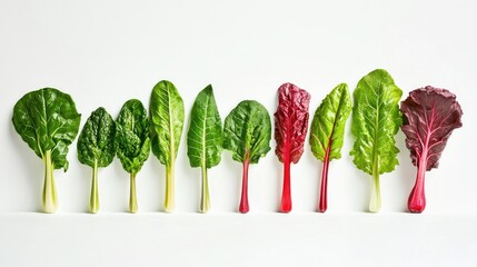 Aufkleber - Leafy chard greens arranged with stems showing deep red hues, clean white setting