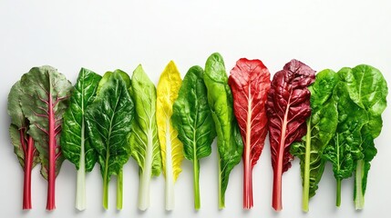 Aufkleber - Leafy chard greens arranged with stems showing deep red hues, clean white setting