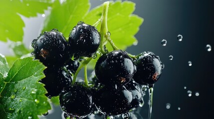 Poster - Macro shot of juicy black currant berries with green leaves, emphasizing freshness and texture
