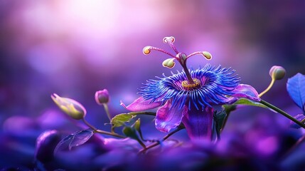 Poster - Natural close-up of passionflower blooming, radiant violet and soft focus background