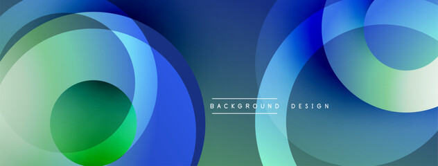 Aufkleber - Abstract background features overlapping circles. Colors include shades blue, green, teal. Modern design evokes fluidity, depth, visual harmony. Minimalist aesthetic.