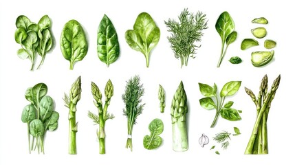Aufkleber - Plant-based food concept in hand-drawn watercolor style: spinach, dill, asparagus