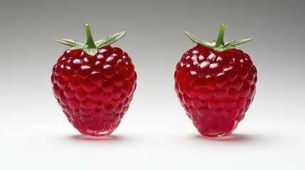Aufkleber - Two glossy raspberries with detailed leaf texture, centered on a white surface