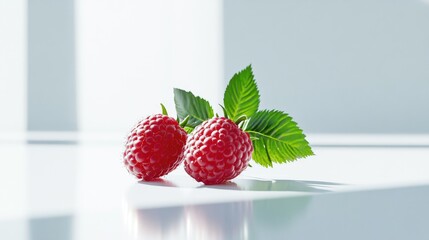Aufkleber - Two glossy raspberries with detailed leaf texture, centered on a white surface