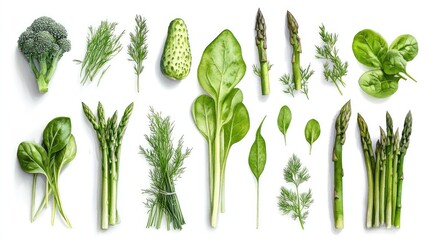 Poster - Watercolor painting of fresh spring greens including asparagus, spinach, dill on white