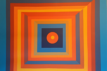 Poster - Vibrant Op Art, Concentric Squares in Harmonious Tones of Orange, Blue and Yellow creating an Optical Illusion Poster Design, with a Retro Modern Aesthetic
