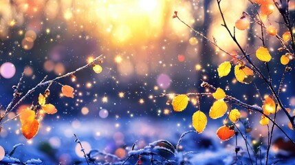 Poster - Blurry color blend of yellow and blue with scattered small stars, winter abstract