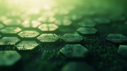Poster - Hexagonal patterns in a green digital landscape technology abstract image virtual environment macro view futuristic concept