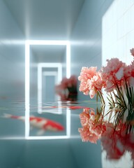 Poster - A digital koi pond where holographic fish swim through real water, blending virtual and physical worlds, peaceful Zen-like ambiance with futuristic design