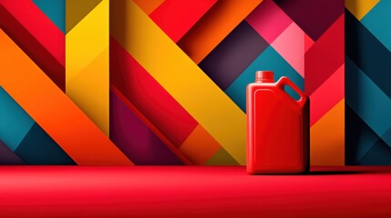 Aufkleber - Bright Red Jerrycan Stands Alone Against a Vibrant Abstract Geometric Background With Bold Colors and Shapes