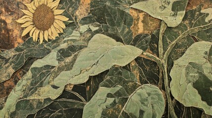 Poster - Sunflower and leaves artwork nature textile design indoor close-up artistic representation