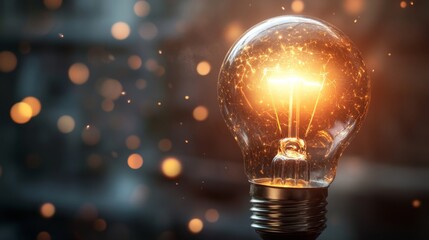 Poster - Illuminating ideas a bright light bulb glowing in a dark room abstract photography warm atmosphere close-up view