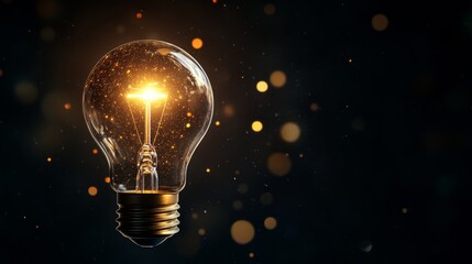 Poster - Illuminating ideas a glowing light bulb with sparkles studio photography dark background close-up creativity unleashed