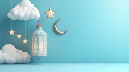 Poster - Festive Ramadan scene with lantern, stars, moon, and clouds against a light blue background.