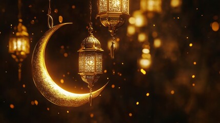 Aufkleber - Golden crescent moon with ornate lanterns and sparkling lights, festive background.
