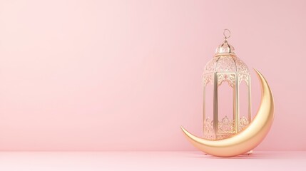 Poster - Gold crescent moon and ornate lantern on pink background.
