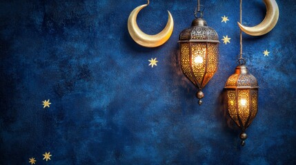 Aufkleber - Illuminated ornate lanterns and crescent moons against a dark blue background.