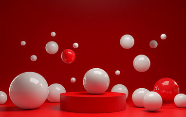 Poster - Abstract Composition of Red and White Spheres Arranged Dynamically Against a Solid Red Background
