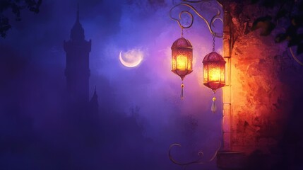 Poster - Two glowing lanterns hang on a wall at night, a crescent moon and distant tower visible in the hazy background.