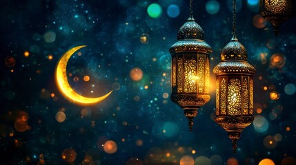 Aufkleber - Golden crescent moon and ornate lanterns glow against a dark, sparkly night sky.