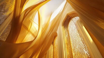 Poster - Golden fabric flowing in an ornate, light-filled architectural space.