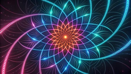 Poster - A vibrant cosmic flower blooming in a mesmerizing spiral of neon light, radiating energy and ethereal beauty in a dark, starry backdrop.
