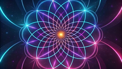 Aufkleber - A cosmic flower of vibrant light blooming in the infinite darkness, glowing with neon pink and blue hues against a starry backdrop.