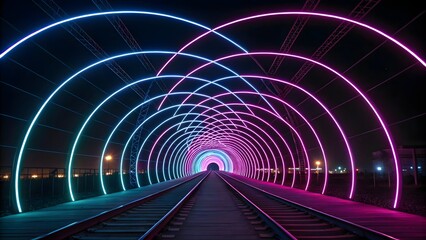 Poster - A mesmerizing neon tunnel of vibrant pink and blue arches leading to a distant light, creating a magical nighttime railway passage.