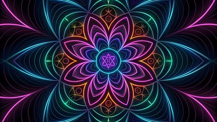 Aufkleber - A vibrant cosmic flower unfolds in a mesmerizing neon mandala, glowing with iridescent energy and intricate geometric details.