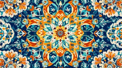 Poster - Vibrant symmetrical mandala pattern in teal, orange, and white.  Intricate floral design.