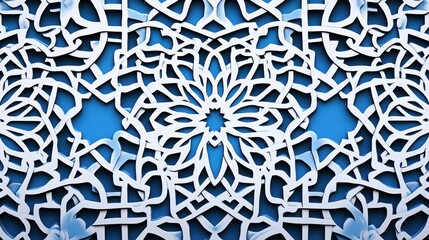 Aufkleber - Intricate white lace pattern on a blue background, symmetrical design, floral motifs.