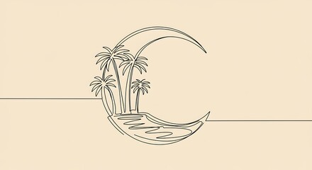 Poster - Single-line art of a desert oasis spring shaped like a crescent, 32K ultra HD palm fronds as micro-detailed Islamic arches, water ripples via line wobble